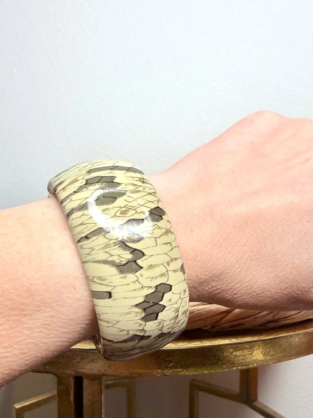 Vintage Kenneth Jay Lane Bangle Snake Python Print Cream Gray Patterned Bracelet